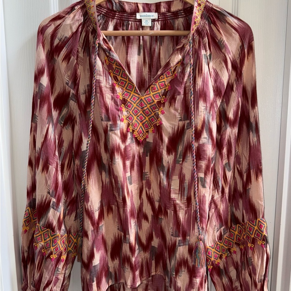 Sundance Distant Travels Boho Peasant Blouse XS Multico Embroidery Tassel Aztec - Picture 3 of 10